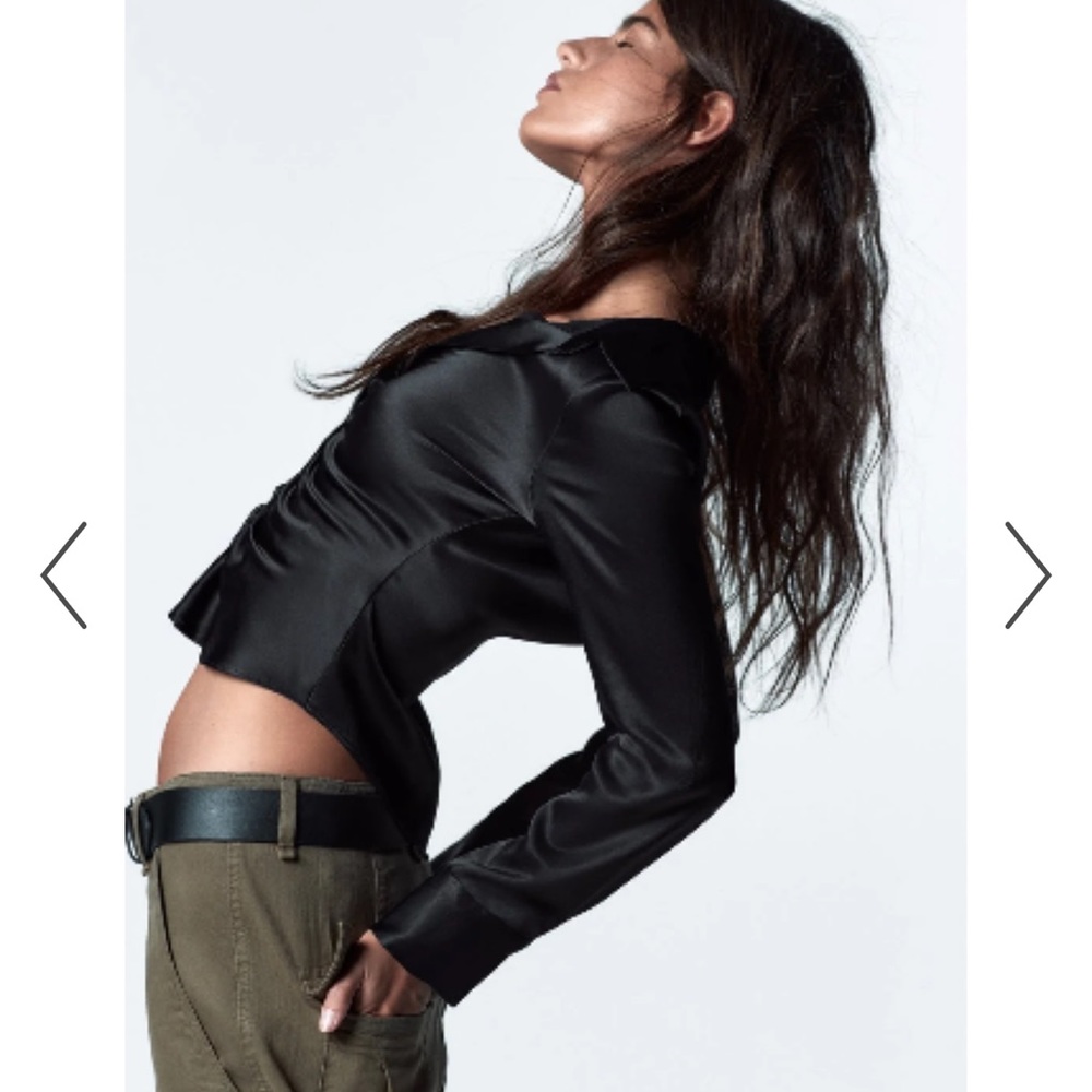 ZARA Rouched Buttoned Satin Blouse Black Small